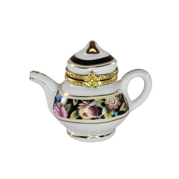 Miniature Floral Porcelain Teapot Trinket Box With Gold Trim - Picture 1 of 8